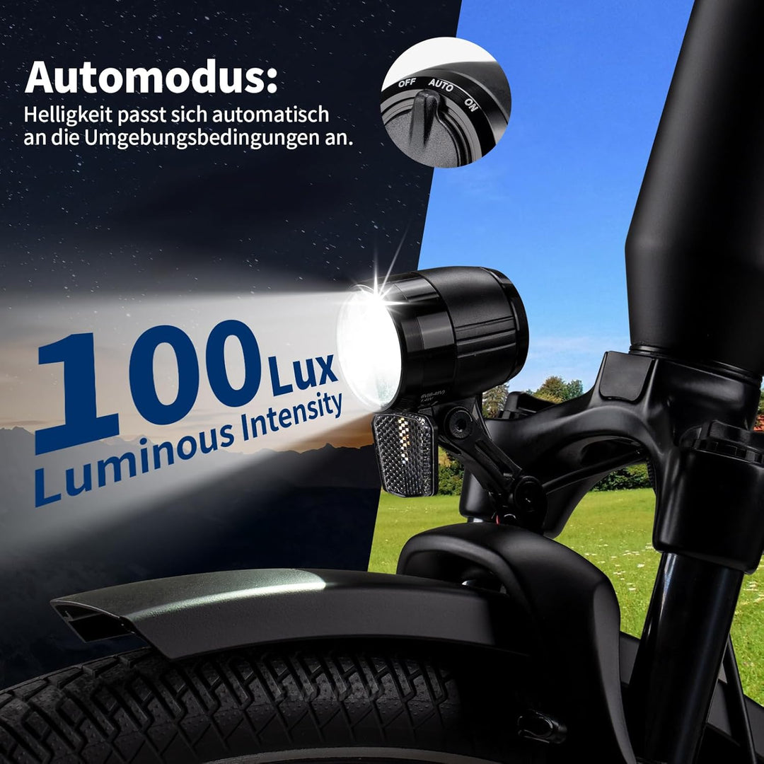 E-Bike Dynamo LED Fahrradlicht Vorne, 30-120 LUX StVZO Zulassung Frontlicht, Fahrradlicht mit Reflek