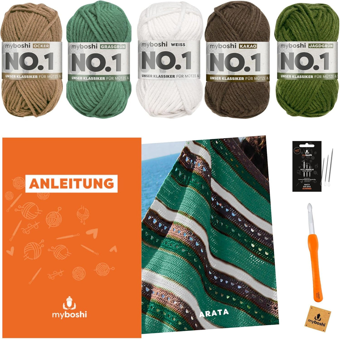 myboshi Häkelset Decke Arata, inkl. No.1 Wolle, Häkelnadel und Anleitung, Häkelpaket, 30% Merinowoll