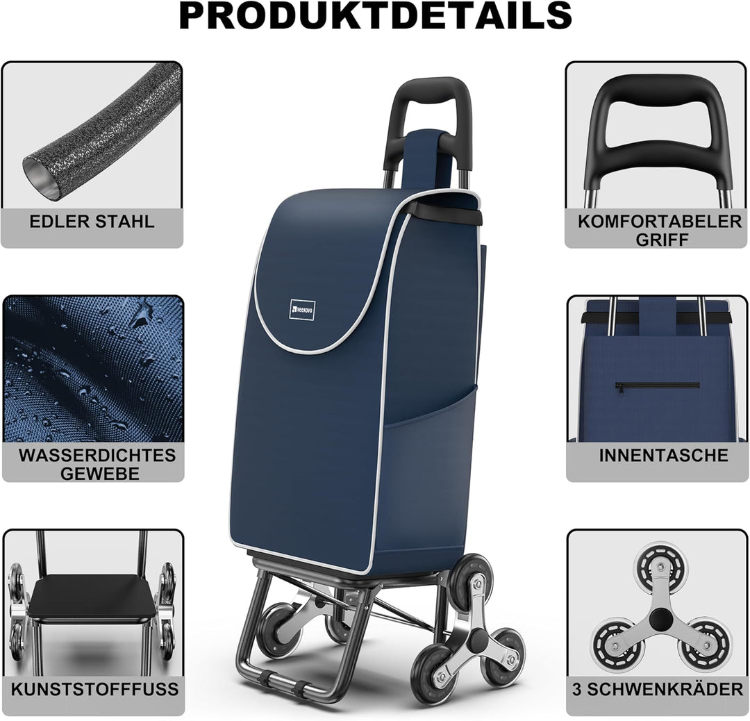 Einkaufswagen Klappbar 56L, Einkaufstrolley Treppensteiger, Trolly Einkaufswagen Klappbar, Hackenpor