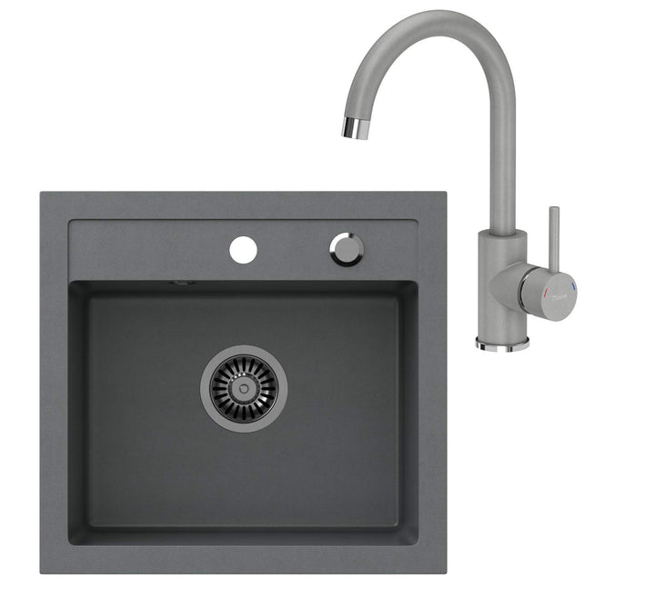 VBChome Spülbecken + Armatur 50 x 47 cm Grau Spüle Einzelbecken Küche Einbauspüle Verbundspüle Küche