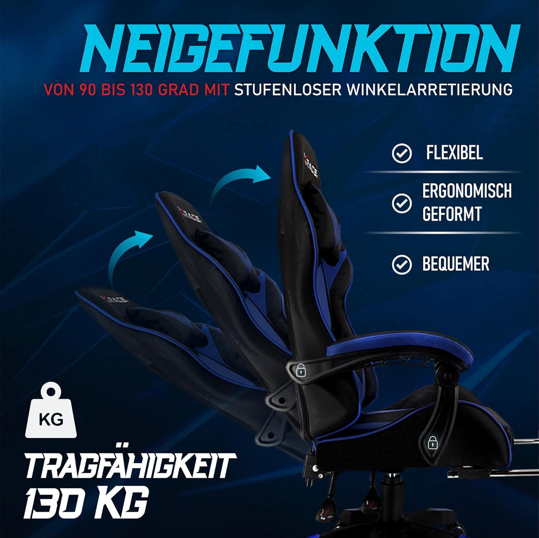 xRace Gaming-Stuhl Hoher Drehstuhl aus Leder mit Lendenwirbelstütze, Kopfstütze und Fussstütze, vers