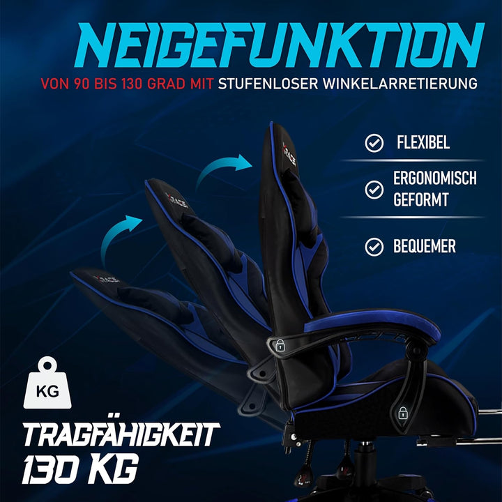 xRace Gaming-Stuhl Hoher Drehstuhl aus Leder mit Lendenwirbelstütze, Kopfstütze und Fussstütze, vers