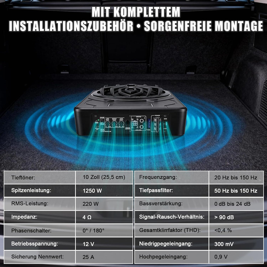 Subwoofer Auto Aktiv Unter Sitz 10 Zoll 1250W Ultra Flach Bassbox Tieftonlautsprecher Mit Verstärker