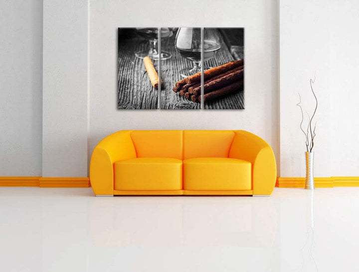 Rauchiger Whisky und kubanische Zigarren schwarz/weiss 3-Teiler Leinwandbild 120x80 Bild auf Leinwan
