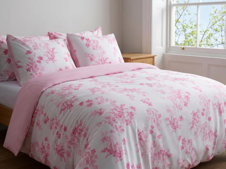 LERUUM Bettwäsche-Set 135x200 Baumwolle Reversibel Blumen Streifen Rosa Bettbezug (Rosa 135 x 200 +
