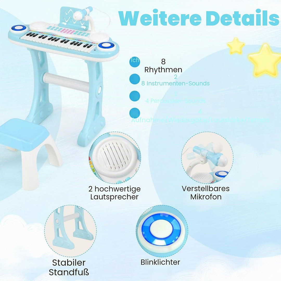 KOMFOTTEU 37 Tasten Kinderklavier Set, Elektronisches Klavier mit Lichteffekten und verstellbarem Mi