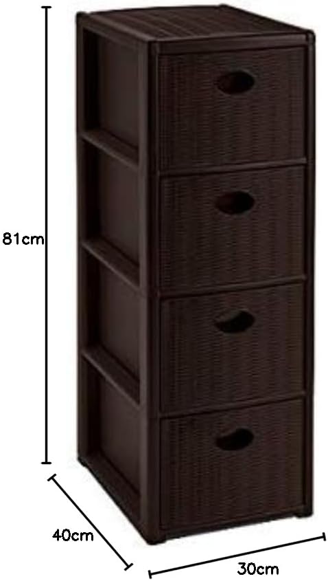 Rollbarer Schubladenschrank aus Kunststoff in Rattan-Optik mit 4 Schubladen. Masse: 30x40x81 cm. In