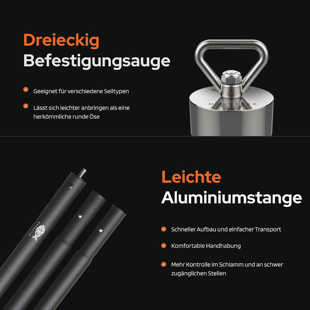Magnetar - Magnetstange Set - Allround 280kg Bergemagnet - Magnetangel Paket mit Magnetstange/Handsc