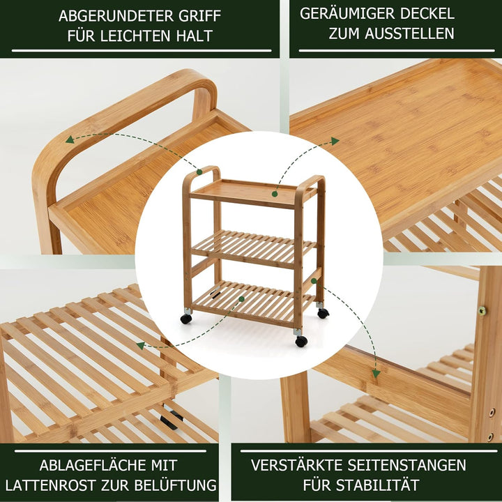 GOPLUS Bambus-Küchenwagen mit Abnehmbaren Rädern, 3-stöckiger Sevierwagen mit Griff, Multifunktional