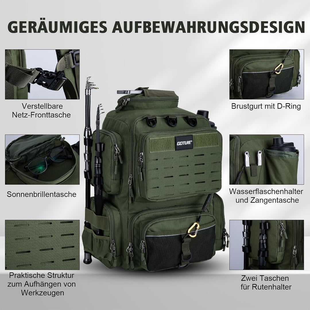 Goture Angelrucksack mit 4 Köderbox Angeln, 45-Liter Angelzubehör-Rucksack mit Zwei Rutenhaltern und