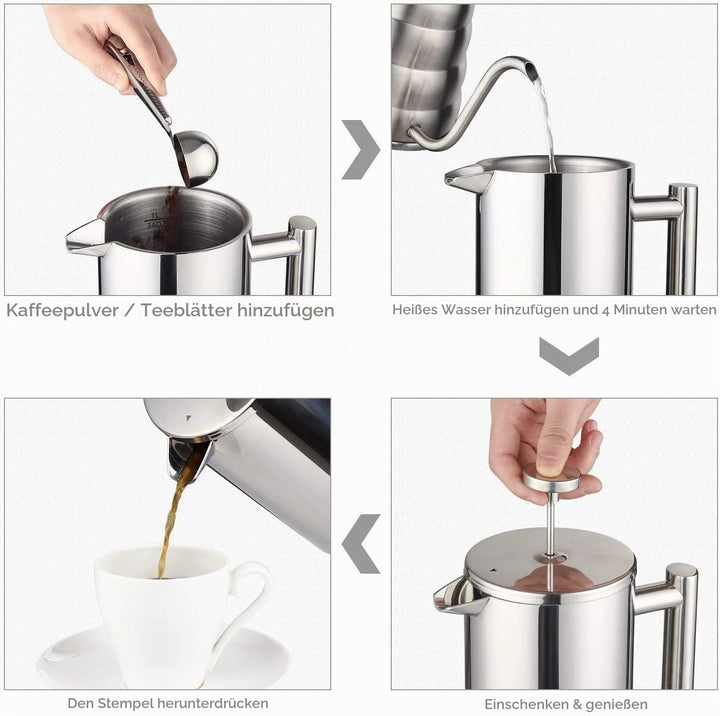 MaxMiuly Kaffeebereiter French Press 1,5 Liter Kaffeezubereiter aus Edelstahl, Doppelwandig Isoliert