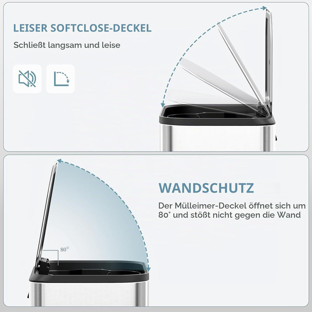 Clevich Mülleimer 50L mit Stahlkorpus und Soft-Close-Funktion, Deckel mit Edelstahloberfläche, abneh