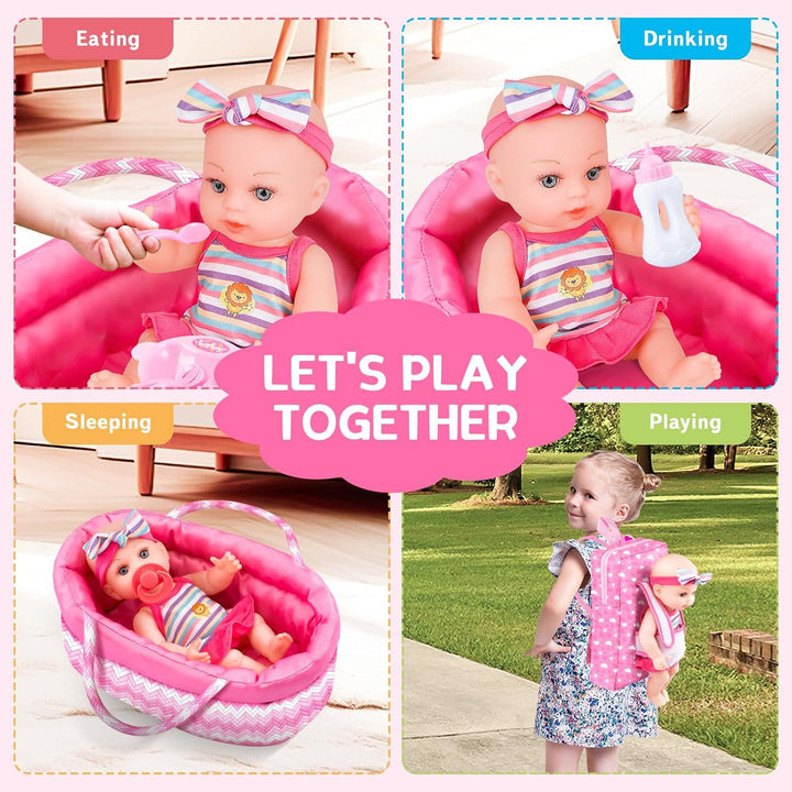 deAO 12”Baby Puppe, Spielpuppe mit Backbag, Handheld-Halterung, Tragbarer Schulranzen, Puppenkleidun