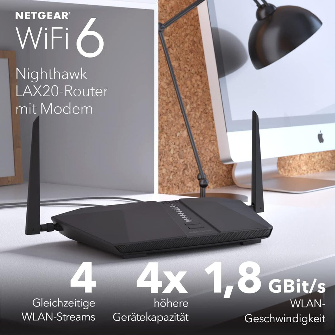 NETGEAR Nighthawk 4-Stream AX4 WiFi 6 Router mit integriertem 4G LTE-Modem (LAX20) für primäre oder