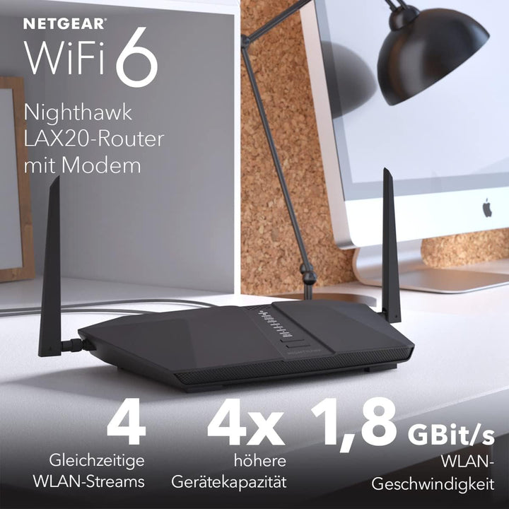 NETGEAR Nighthawk 4-Stream AX4 WiFi 6 Router mit integriertem 4G LTE-Modem (LAX20) für primäre oder