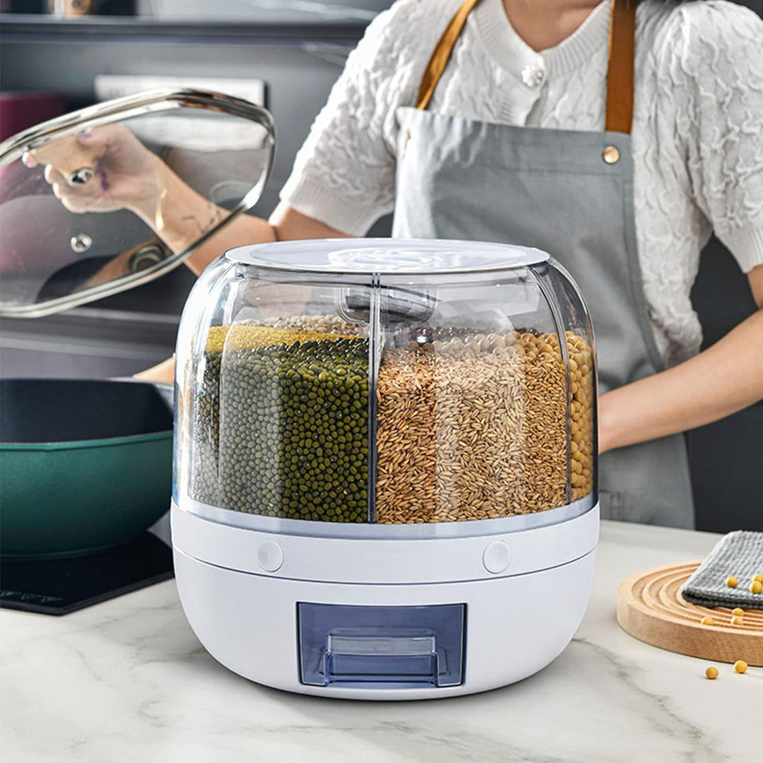 Rundspender für Trockenfutter, 360° Drehbarer Getreidespender Luftdichte Vorratsbehälter 6 In1 Küche