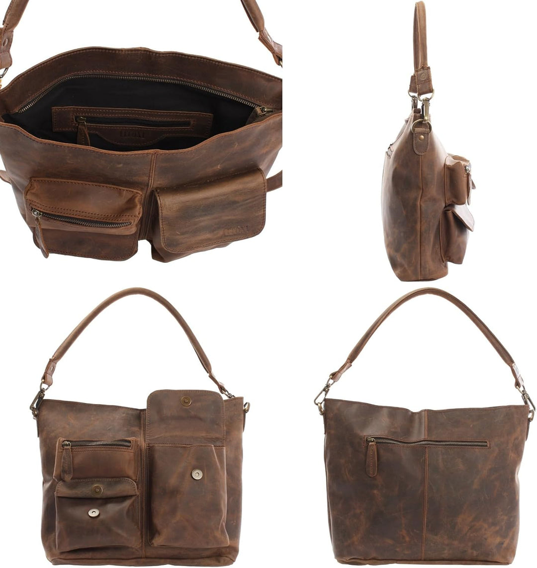 LECONI Schultertasche Ledertasche für Damen Vintage-Look echtes Leder Natur grosser Shopper Lederhan