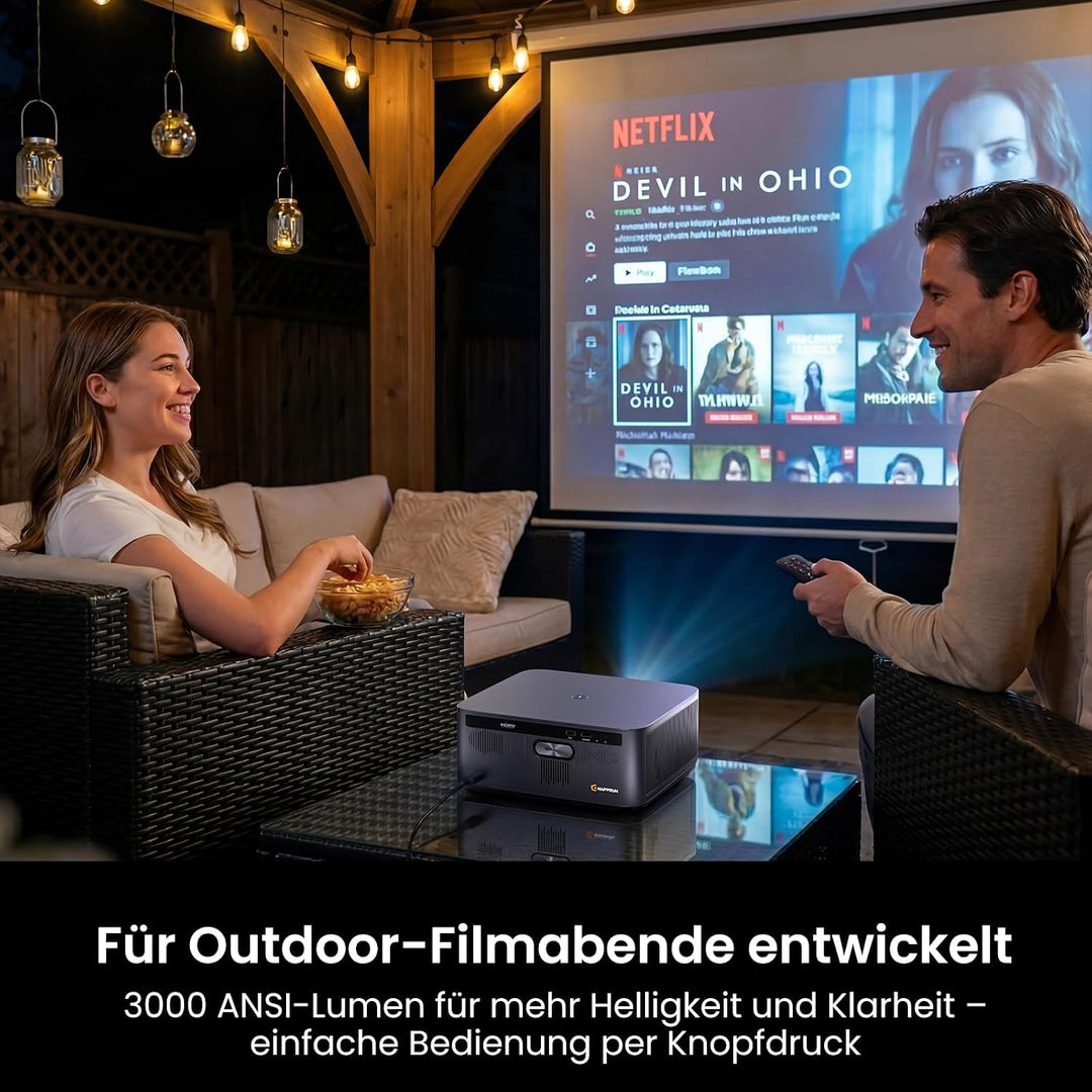 HAPPRUN Smart Beamer mit 3000 ANSI Lumen, Offiziellem Google TV, 4K-Unterstützung, Dolby Audio, Auto