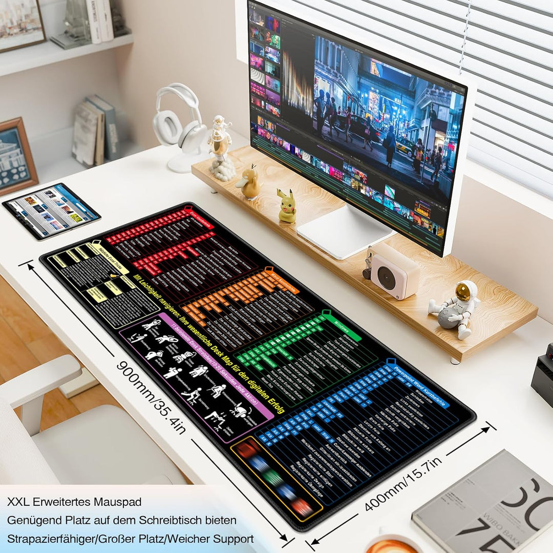 Mauspad XXL - Excel Shortcuts Schreibtischunterlage Deutsch 900x400mm Gaming Mousepad Desk Mat Gross