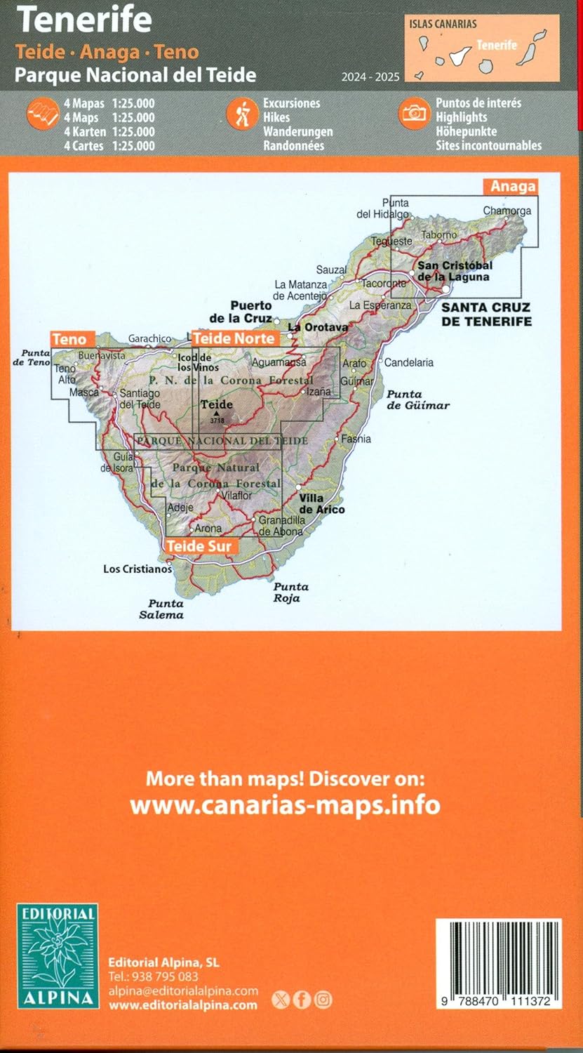 Tenerife: Alpina Wanderkarte 4 Karten, Karte