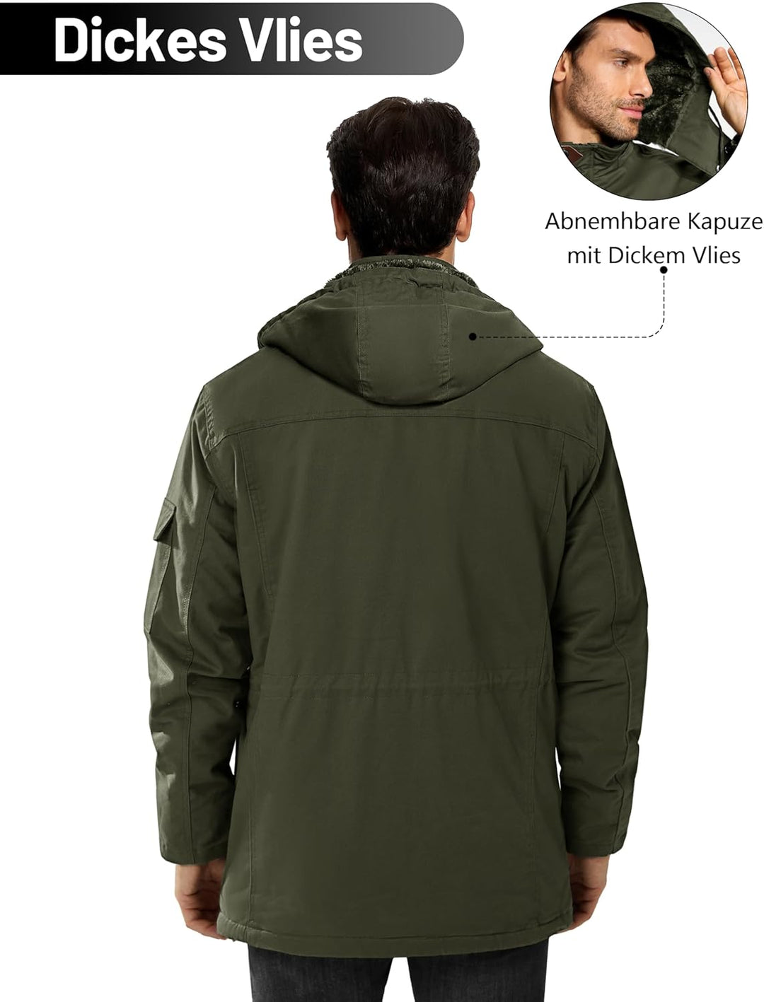Winterparka Herren Fleece Gefüttert Winterjacke mit Viele Taschen Kapuze Warm Winter Mantel Übergang