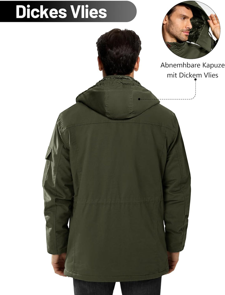 Winterparka Herren Fleece Gefüttert Winterjacke mit Viele Taschen Kapuze Warm Winter Mantel Übergang