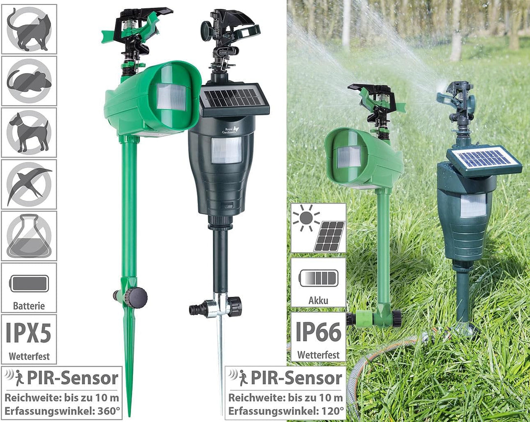 Royal Gardineer Katzenvertreiber Wasser: Wasserstrahl-Tierschreck mit PIR-Sensor, Batterie & Solar (