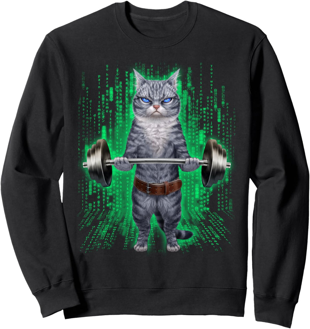 Graue Katze, die Gewichte im Cyber-Fitnessstudio hebt Sweatshirt