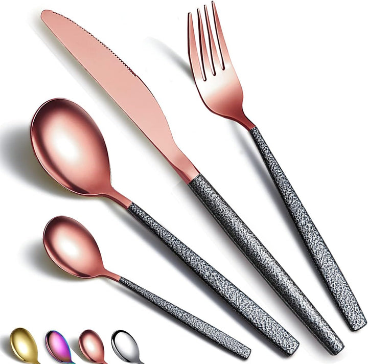 Besteck Set 24 Stück Roségold Kopfbeschichtung mit Schwarzem Marsgriff, Edelstahl Kupfer Titanbeschi