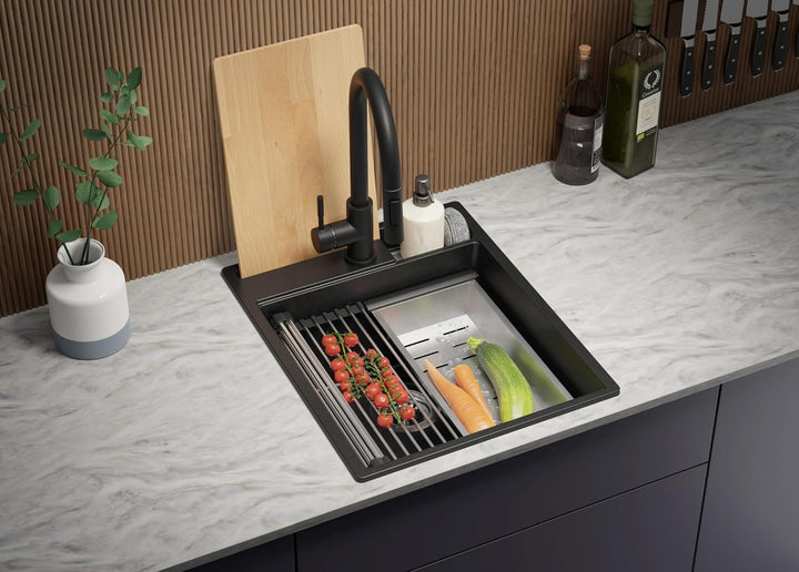 Spülbecken Schwarz 43x53 cm, Granitspüle 1 Becken + Ablauf-Set + Küchenarmatur, Küchenspüle ab 45er