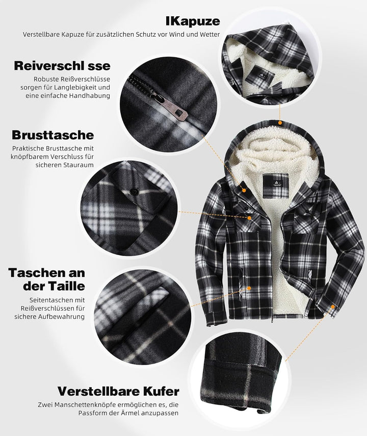 JACKETOWN Hemdjacke Herren Kariertes Winterjacke Thermohemd Fleece Gefüttert Freizeit Jacke mit Kapu