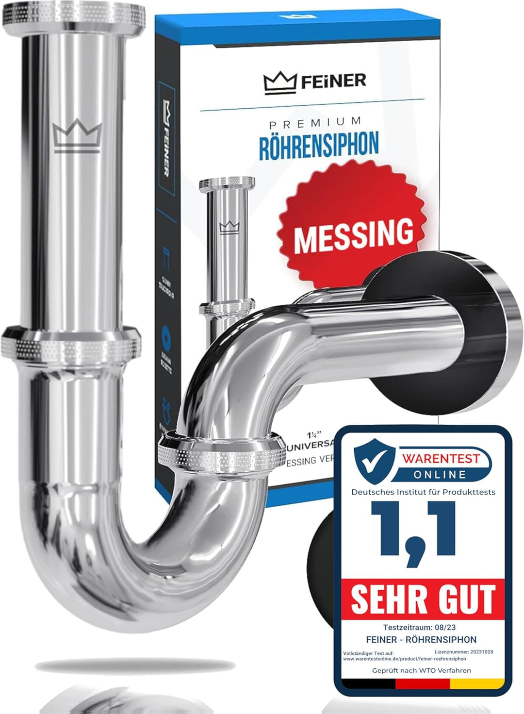FEINER® Universal Siphon Waschbecken aus Chrom 1 1/4" Komplettset alles dabei, Tauchrohr 2-12 cm Höh