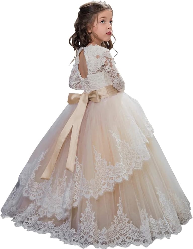 PLWEDDING Spitze Lange Ärmel Blumenmädchen Kleid Prinzessin Tüll Kleid für Kinder Erstkommunion Klei
