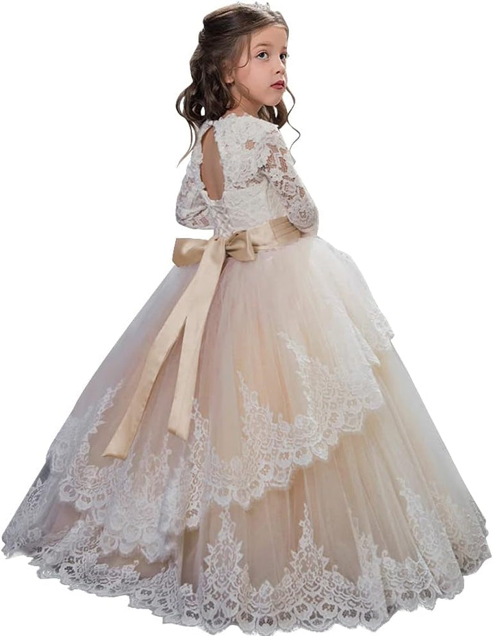 PLWEDDING Spitze Lange Ärmel Blumenmädchen Kleid Prinzessin Tüll Kleid für Kinder Erstkommunion Klei