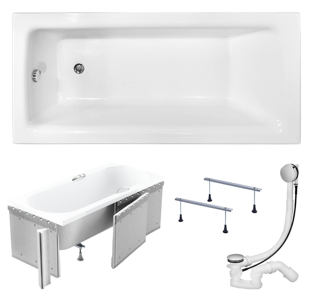 KOLMAN Badewanne TALIA Rechteck 160x75 mit Styroporverkleidung, Ablaufgarnitur und Füssen Komplettse