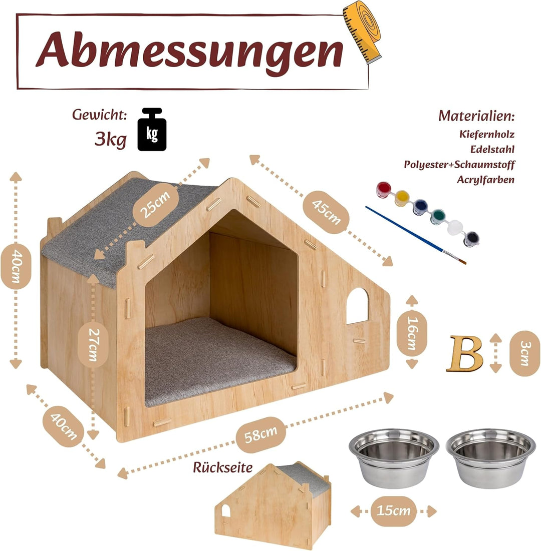growpile Katzen- und Hundehäusschen aus hochwertigem Kiefernholz mit 2 Trinkschalen aus Edelstahl, z