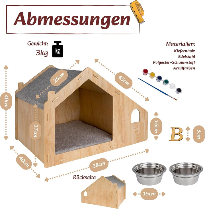 growpile Katzen- und Hundehäusschen aus hochwertigem Kiefernholz mit 2 Trinkschalen aus Edelstahl, z