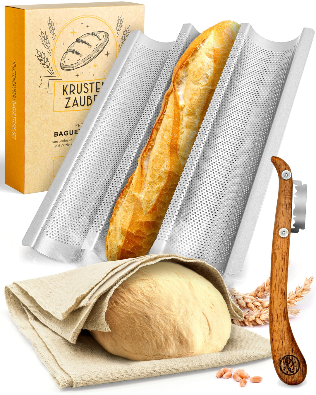 KRUSTENZAUBER Baguette Backform Antihaft inkl. Bäckerleinen u. Bäckermesser - 3er Baguette-Backblech