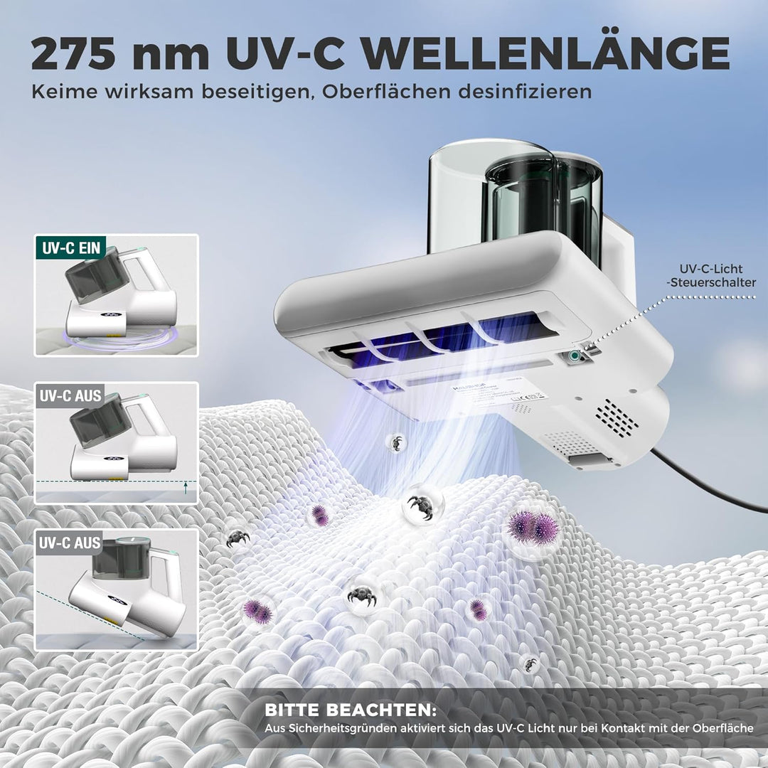 HAUSHOF Milbensauger für Matratzen 16 kPa mit UV Licht &amp; 60℃ Heissluft, Matratzenreiniger 400W mit D
