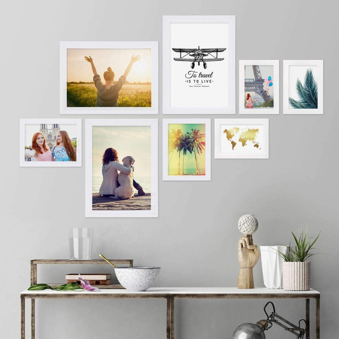 PHOTOLINI Bilderrahmen Set Weiss, Fotorahmen Holz MDF, 8er Bilderrahmenset Wand Collage, photo frame