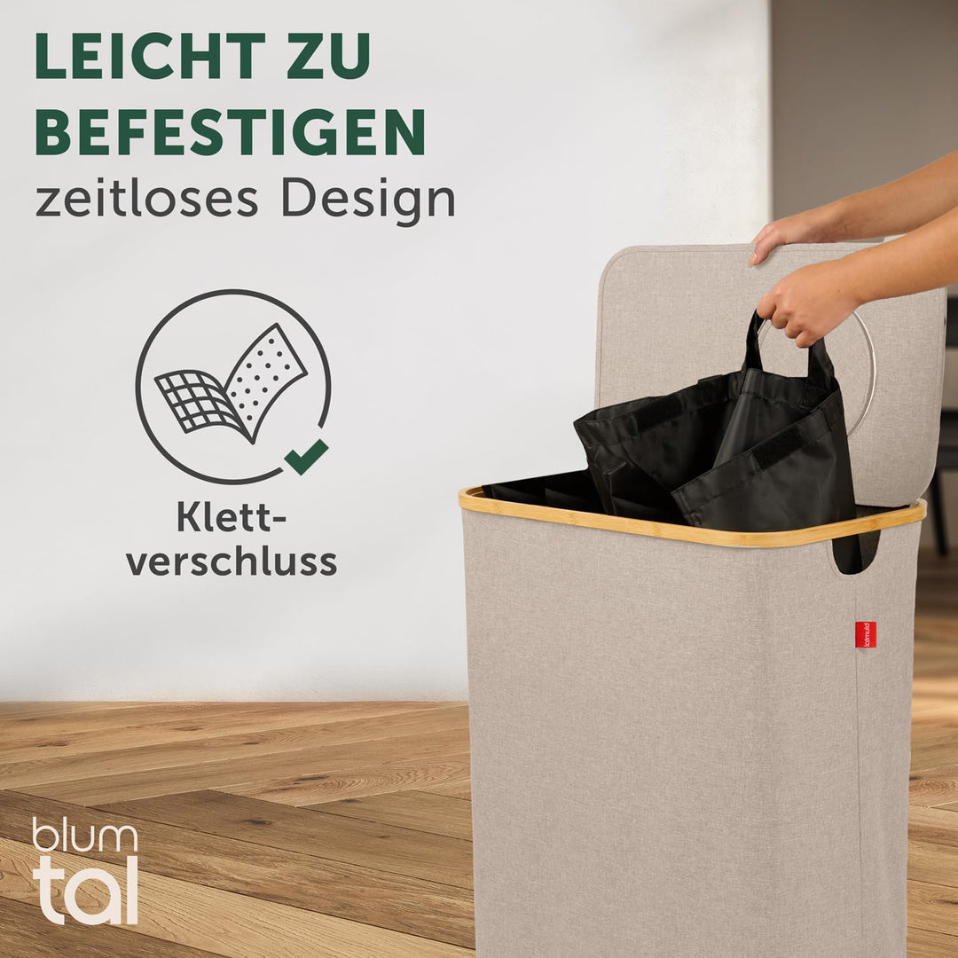Blumtal Pflandflaschen Sammelbehälter 150L mit 2 Fächern - Bambus Pfandflaschen Organizer mit Flasch