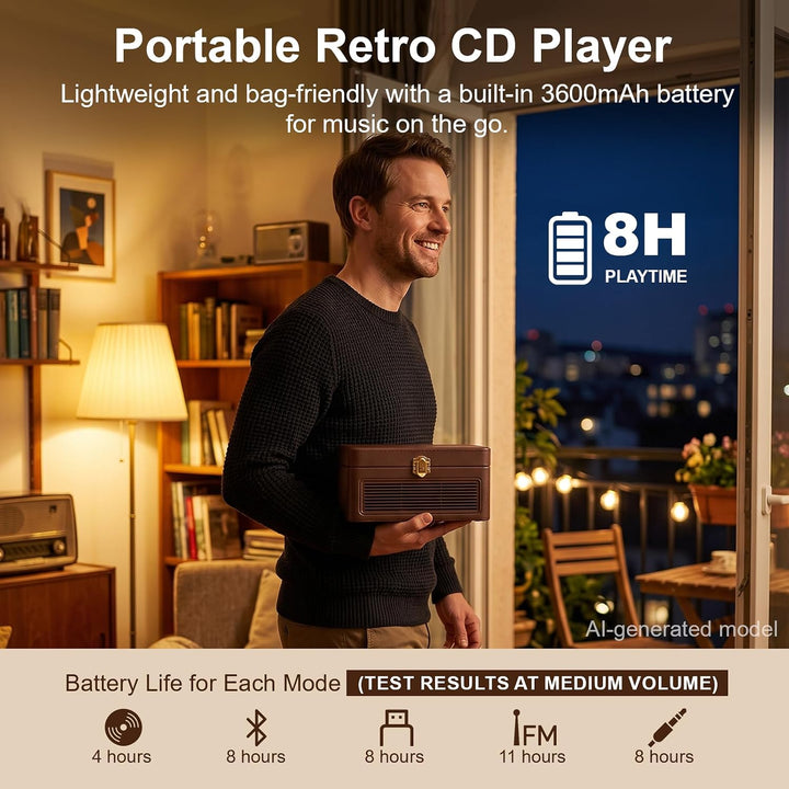 Gueray Tragbarer Bluetooth CD-Player mit Lautsprechern 3600mAh Wiederaufladbarer Vintage CD Spieler