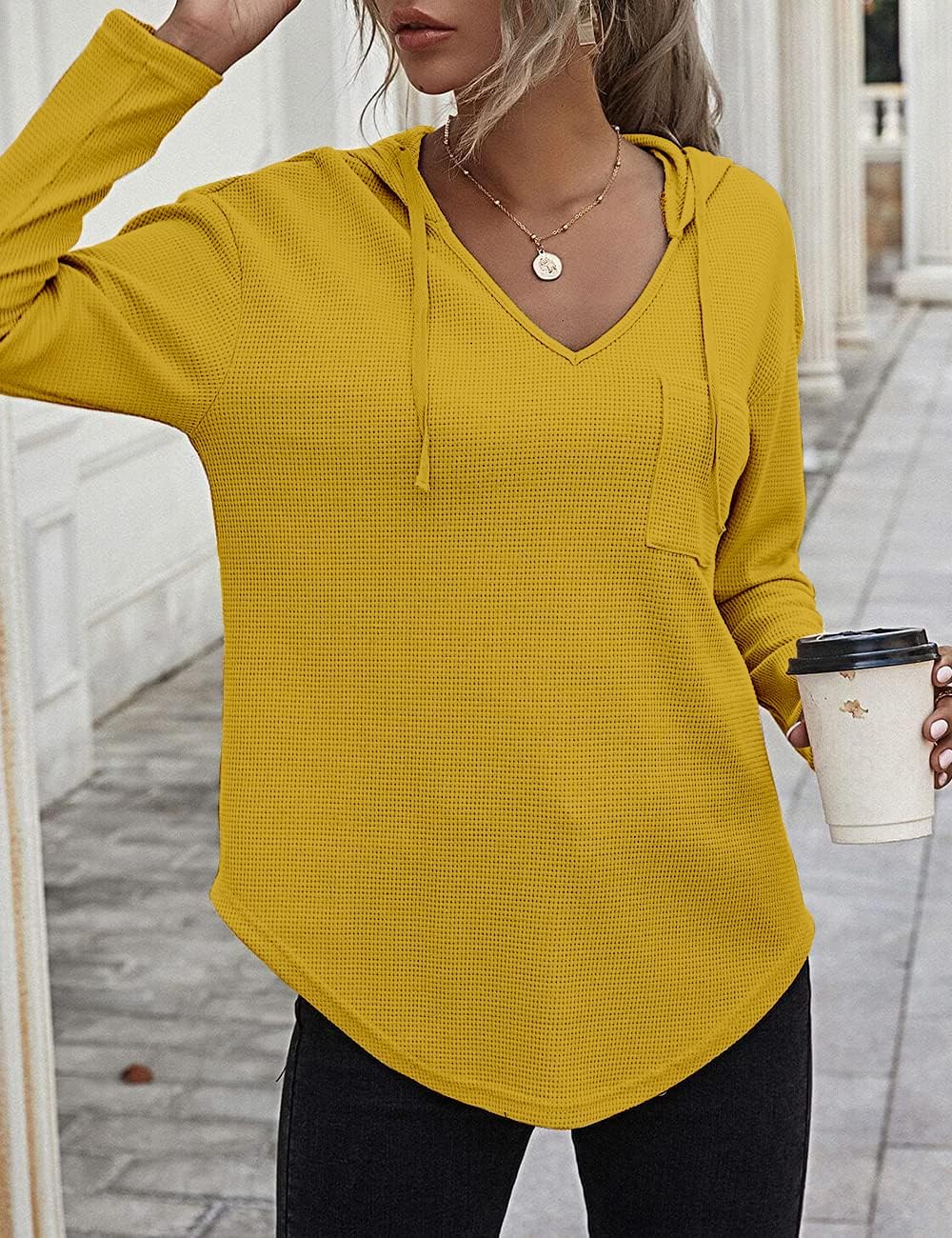 Cuptacc Pullover Damen Hoodie Langarm V Ausschnitt Pullover Sweatshirt Kapuzenpullover Einfarbig Dra