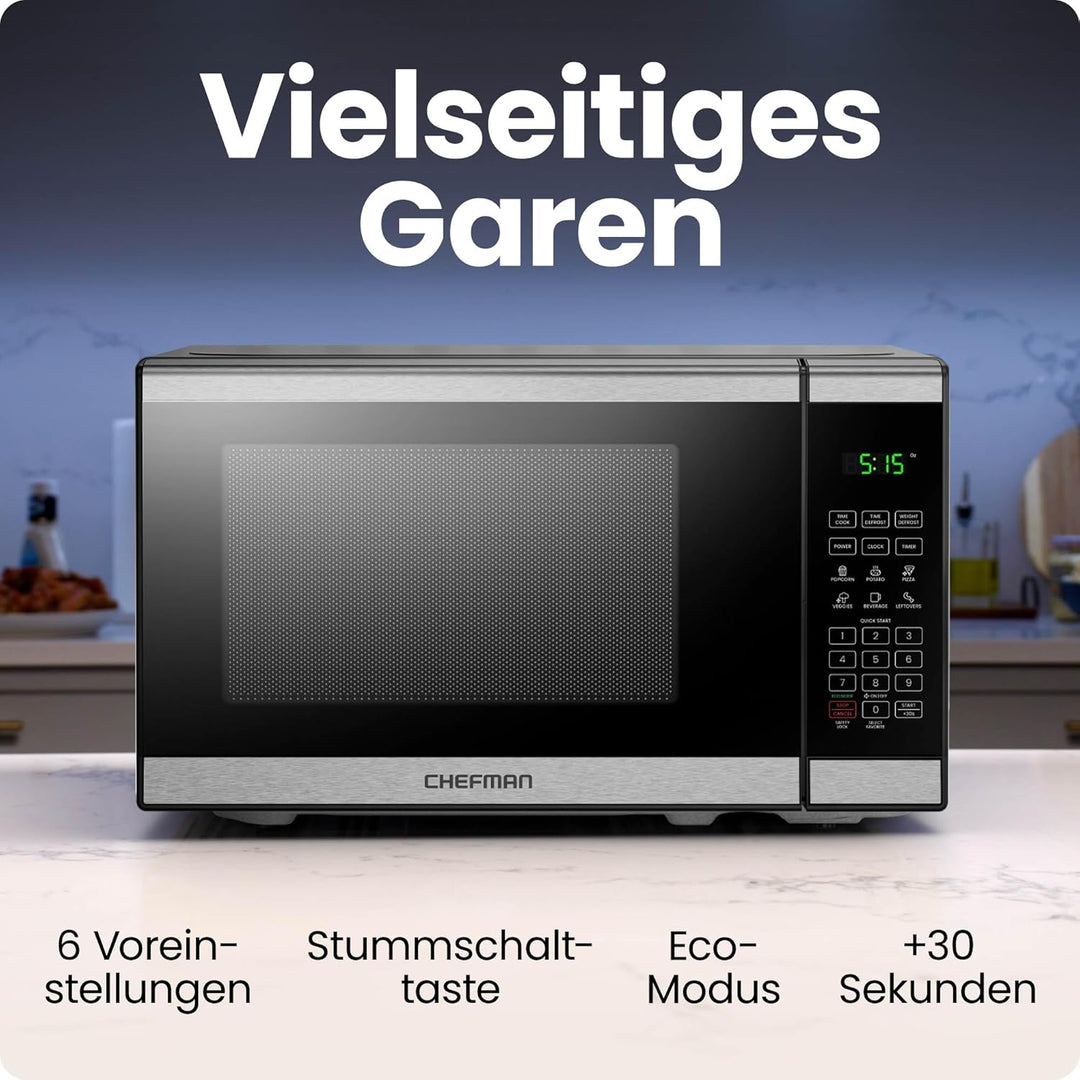 Chefman Mikrowelle 20L 800W 6 Voreinstellungen 10 Leistungsstufen Digitalanzeige Eco-Modus Memory-Fu