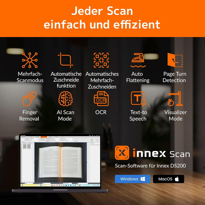 Innex DS200 USB Buchscanner, 20,1MP, A3-Dokumentenscan, OCR 120+ Sprachen, Auto-Glättung & Begradigu