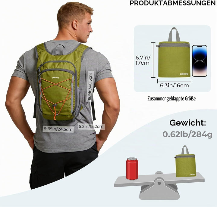 Faltbarer Wanderrucksack, Kleiner Tagesrucksack Ultraleicht für Herren &amp; Damen, Foldable Backpack, I