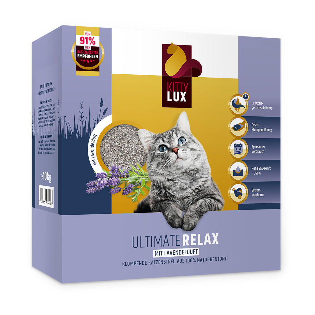 KittyLux klumpende Katzenstreu Ultimate Relax 10kg mit Lavendelduft für Sensible Katzen, Klumpstreu
