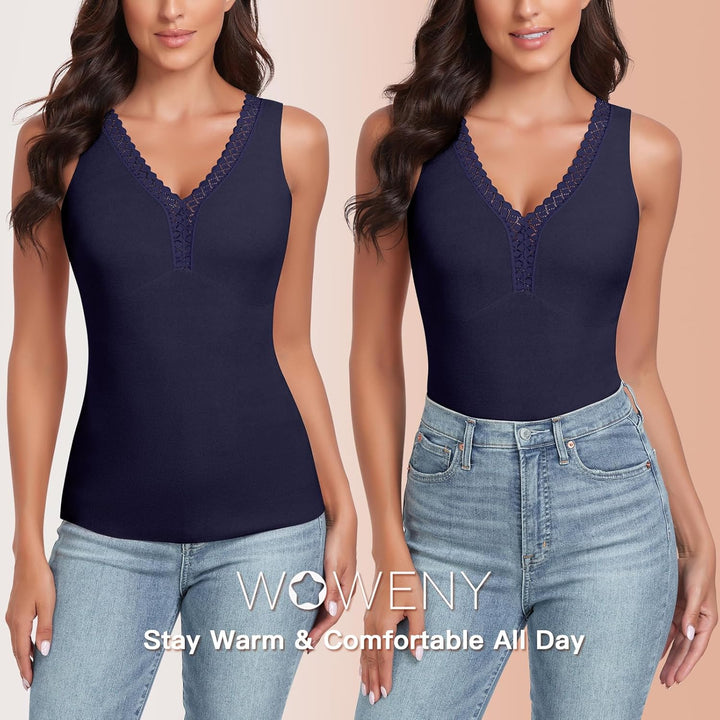 WOWENY Thermo Trägershirt Damen Fleece Tank Top mit Spitze Ärmellose Elegant Spitzentop Unterhemd V-