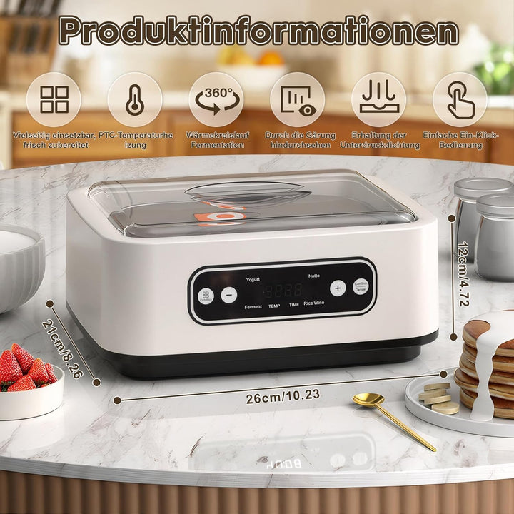 Joghurtbereiter mit einem 1,6-Liter-Edelstahleinsatz und 9 Glasbehälter à 100 ml, Abschaltautomatik