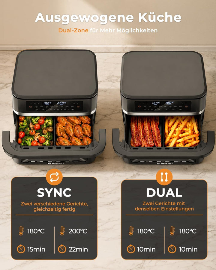 WELLENT 12L XXL Heissluftfritteuse 2950W, 8-in-1 Airfryer 2 Kammern(6+6L), Heissluftfritteuse Doppel